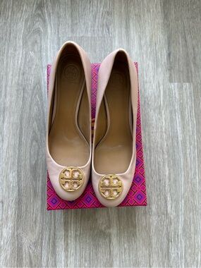 Tory Burch Pink Neutral Logo Logo wedge heels 10.5